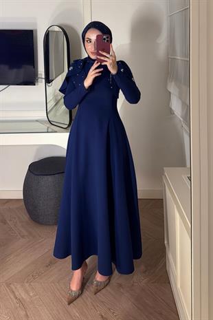 Mavera Taşlı Premium Elbise-Lacivert