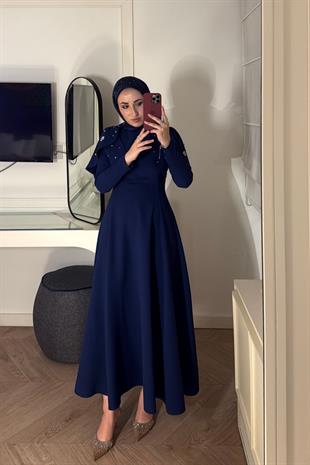 Mavera Taşlı Premium Elbise-Lacivert