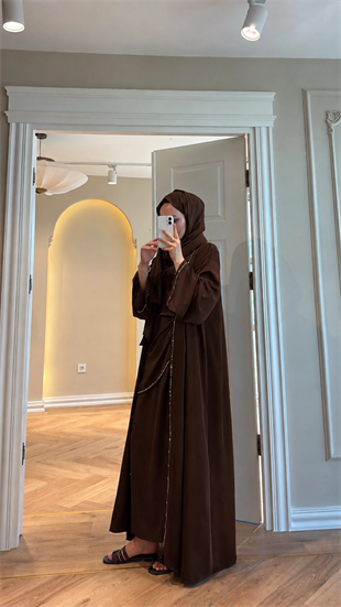 Meloria Taş Şerit Detaylı Abaya - Kahve  (ŞAL HEDİYELİ ) 