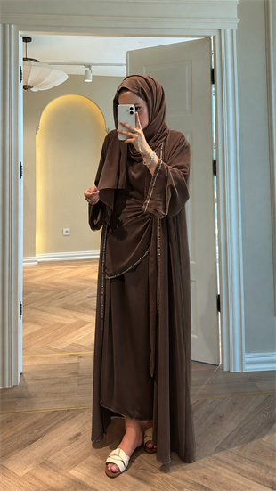 Meloria Taş Şerit Detaylı Abaya - Kahve  (ŞAL HEDİYELİ ) 