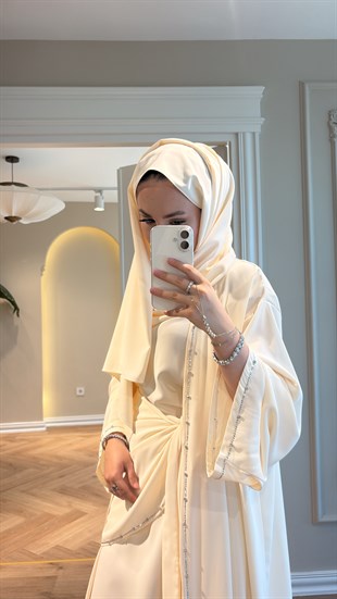 Meloria Taş Şerit Detaylı Abaya - Krem  (ŞAL HEDİYELİ ) 