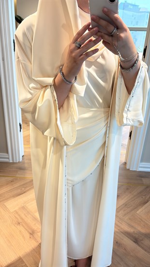 Meloria Taş Şerit Detaylı Abaya - Krem  (ŞAL HEDİYELİ ) 
