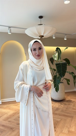 Meloria Taş Şerit Detaylı Abaya - Krem  (ŞAL HEDİYELİ ) 