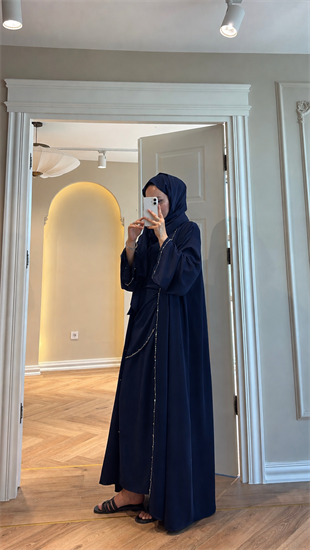 Meloria Taş Şerit Detaylı Abaya - Lacivert  (ŞAL HEDİYELİ )  