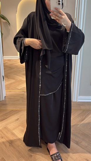 Meloria Taş Şerit Detaylı Abaya - Siyah (ŞAL HEDİYELİ ) 
