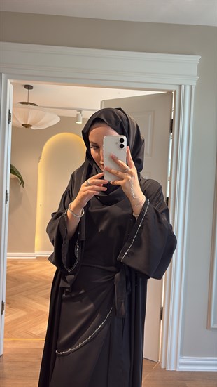 Meloria Taş Şerit Detaylı Abaya - Siyah (ŞAL HEDİYELİ ) 
