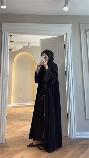 Meloria Taş Şerit Detaylı Abaya - Siyah (ŞAL HEDİYELİ ) 