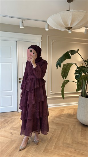 Mihra Desenli Elbise Bordo