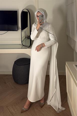 Milena Taşlı Premium Elbise-Beyaz(ÖN SİPARİŞ)