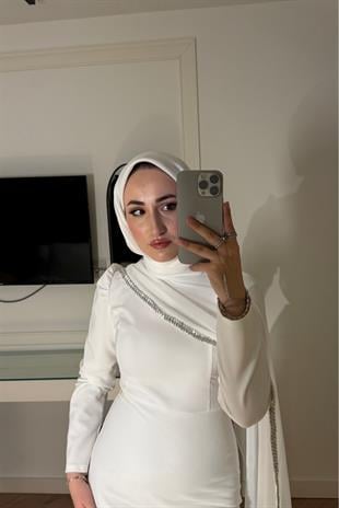 Milena Taşlı Premium Elbise-Beyaz(ÖN SİPARİŞ)