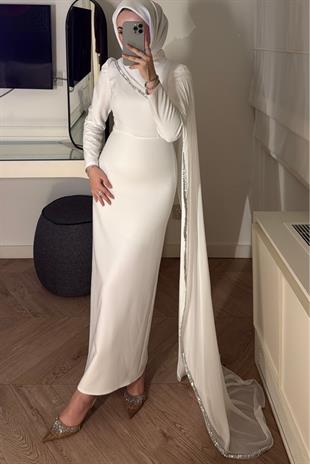Milena Taşlı Premium Elbise-Beyaz(ÖN SİPARİŞ)