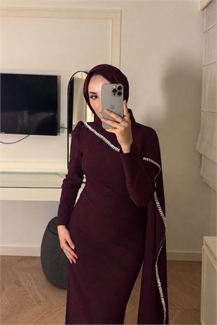Milena Taşlı Premium Elbise-Mürdüm