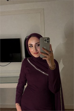 Milena Taşlı Premium Elbise-Mürdüm