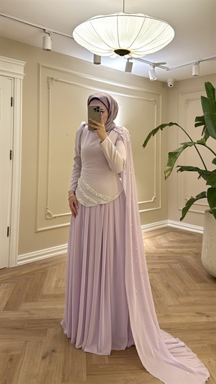 Mira İnci Detaylı Pelerinli  Premium Elbise Lila (ÖN SİPARİŞ )