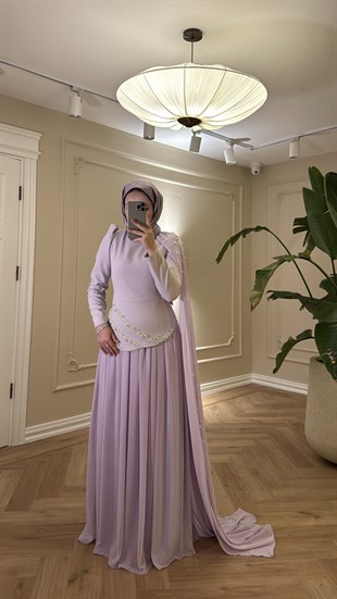 Mira İnci Detaylı Pelerinli  Premium Elbise Lila (ÖN SİPARİŞ )