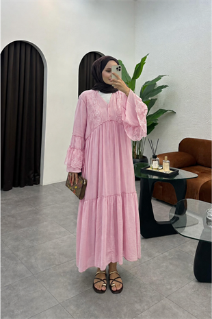 Monila Dantel Detaylı Premium Elbise-pembe 