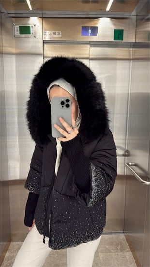 Naila İthal Taşlı Kürk Detaylı Premium Mont Siyah