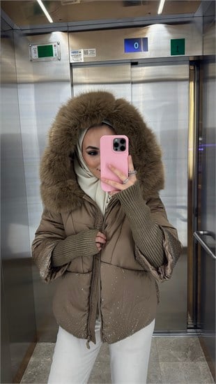 Naila İthal Taşlı Kürk Detaylı Premium Mont Vizon