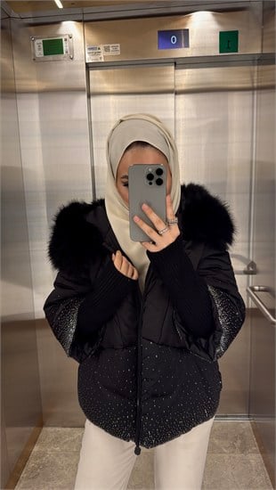 Naila İthal Taşlı Kürk Detaylı Premium Mont Siyah