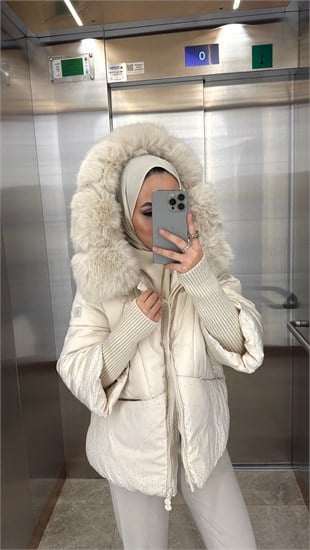 Naila İthal Taşlı Kürk Detaylı Premium Mont Ekru