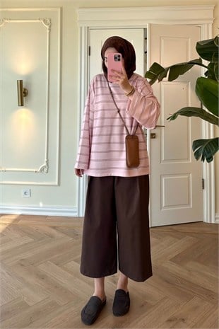 Nevra Çizgili Basic Sweatshirt-Pembe