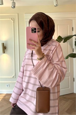 Nevra Çizgili Basic Sweatshirt-Pembe