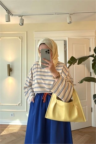Nevra Çizgili Basic Sweatshirt-Sarı