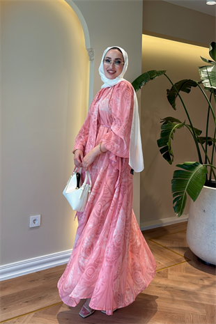 Nova Bağlama Yakalı Şifon Elbise - Pembe