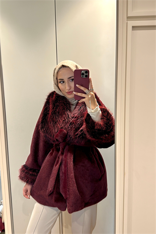 Oven Yakası Kürklü Kaban-Bordo