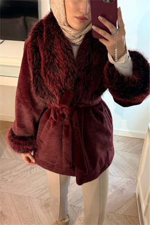 Oven Yakası Kürklü Kaban-Bordo