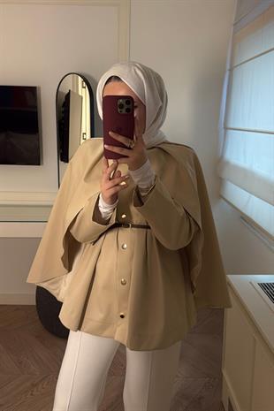 Pelerin Detaylı Premium Lupin Trenç-Bej