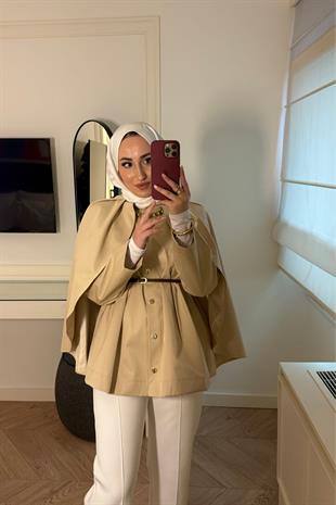 Pelerin Detaylı Premium Lupin Trenç-Bej