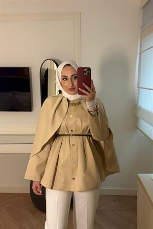 Pelerin Detaylı Premium Lupin Trenç-Bej