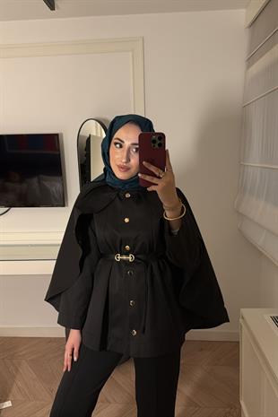 Pelerin Detaylı Premium Lupin Trenç-Siyah 