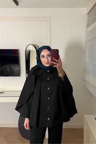 Pelerin Detaylı Premium Lupin Trenç-Siyah 