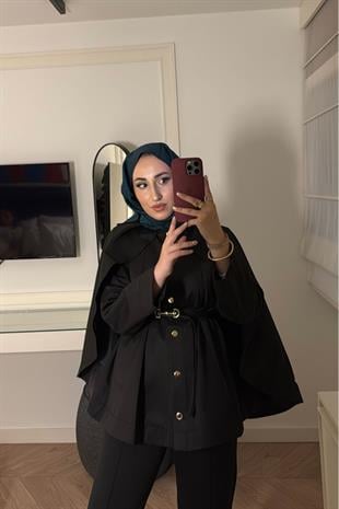 Pelerin Detaylı Premium Lupin Trenç-Siyah 