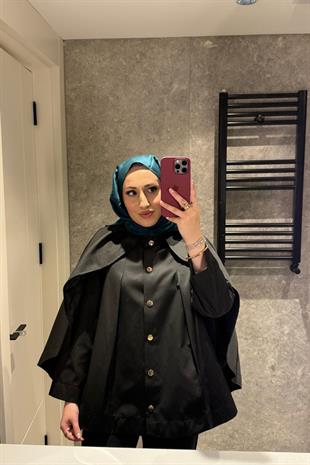 Pelerin Detaylı Premium Lupin Trenç-Siyah 