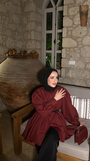 Pile Detaylı Tasarım Balon Kol Gömlek - Bordo