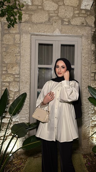 Pile Detaylı Tasarım Balon Kol Gömlek - Beyaz