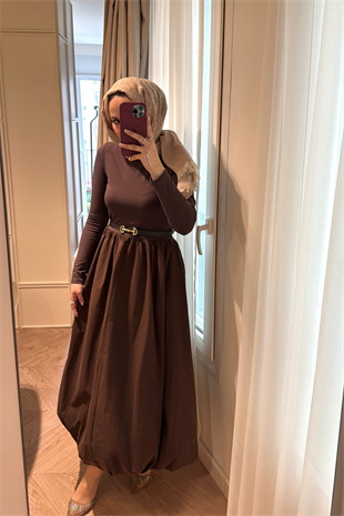 Premium Balon Etekli Elbise-Acı Kahve 