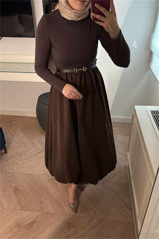 Premium Balon Etekli Elbise-Acı Kahve 