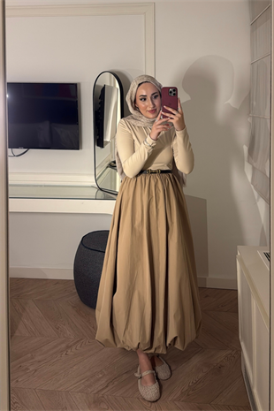 Premium Balon Etekli Elbise-Bej 