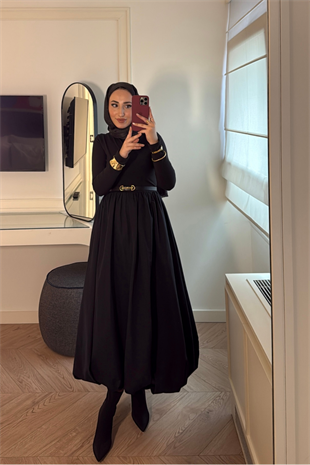 Premium Balon Etekli Elbise-Siyah 