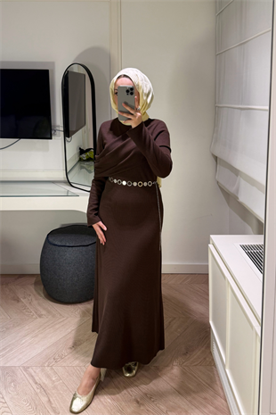 Premium Pelerin Triko Elbise-Acı Kahve
