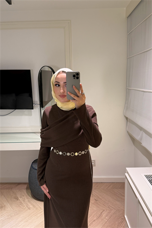 Premium Pelerin Triko Elbise-Acı Kahve