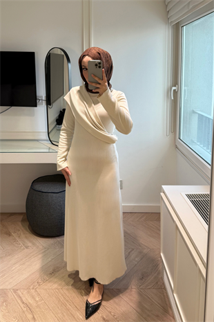 Premium Pelerin Triko Elbise- Bej