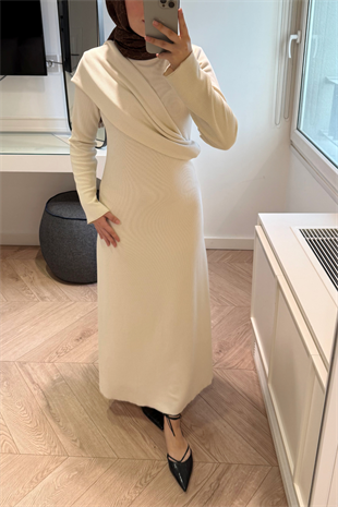 Premium Pelerin Triko Elbise- Bej