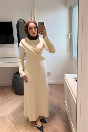 Premium Pelerin Triko Elbise- Bej