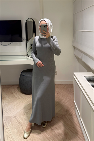 Premium Pelerin Triko Elbise-Gri