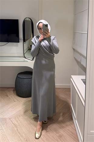 Premium Pelerin Triko Elbise-Gri